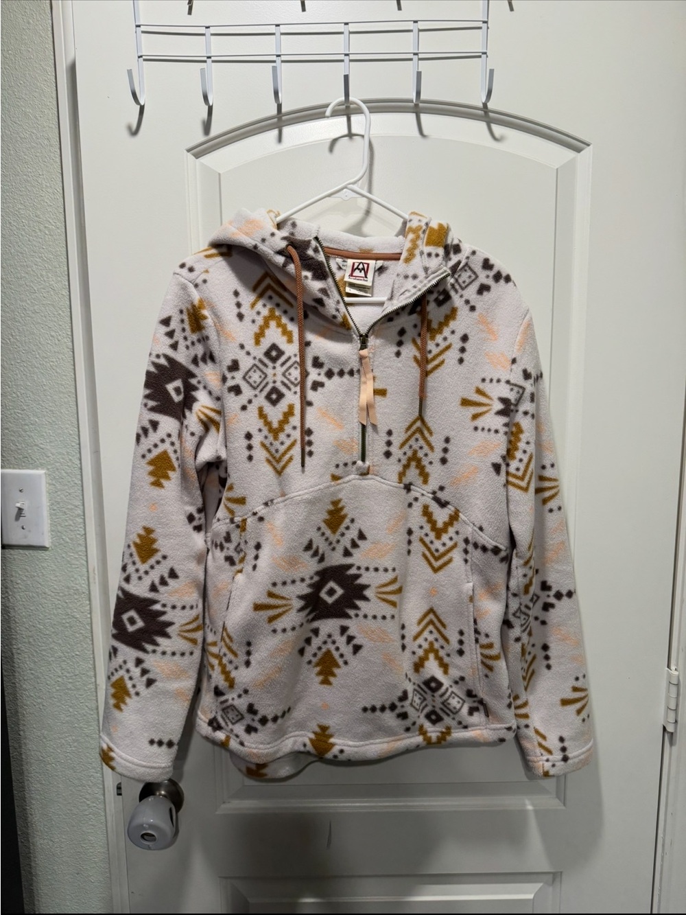 Avalanche Cozy Geometric Pattern Half-Zip Fleece Hoodie - Cream/Gold/Brown